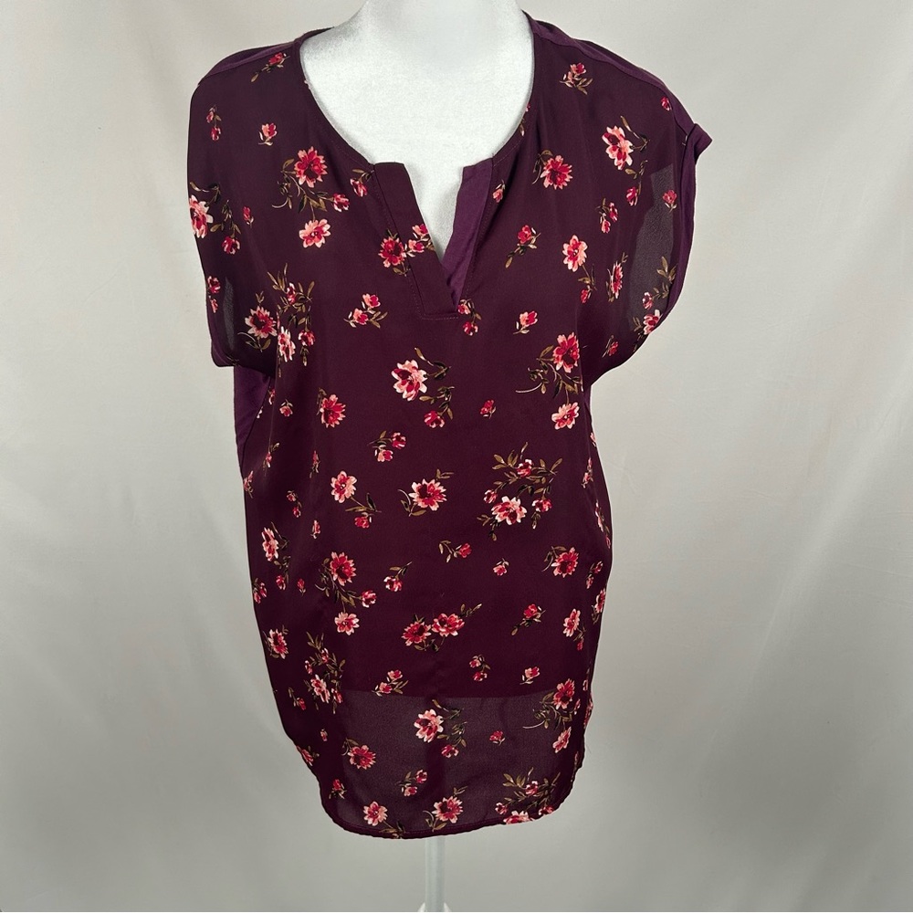 Paper Moon Maroon Pink Floral Short Sleeve Blouse Size Medium